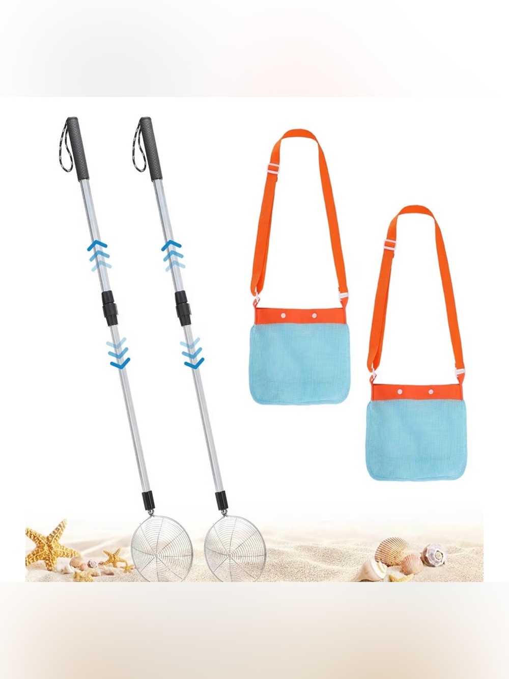 2 Pack Adjustable Sand Sifter w/ Seashell Bags For Beach Combing, 21.6"~33". NIB